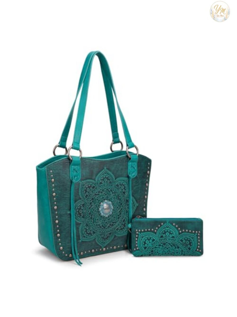 Western Tooling Faux Leather Tote Bag with Wallet Set for Women Vintage Studded